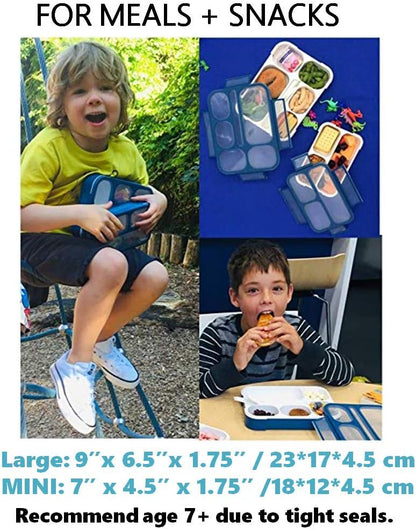 kinsho Bento Lunch-Box Set for Kids includes Snack Container | 6 and 3 Compartment Boxes Leakproof School Bentos, Meal Portion Control Containers, Boys Girls Adults, Navy Blue Large + MINI 2 Pack Set