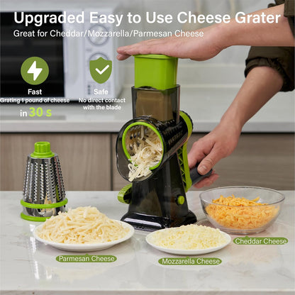 Rotary Cheese Grater hand crank 3 blades with Stronger Suction Base | Stainless Steel Blades for Fruits, Vegetables, Nuts. Dishwasher Safe & Easy to Clean, Transparent Black & Blue