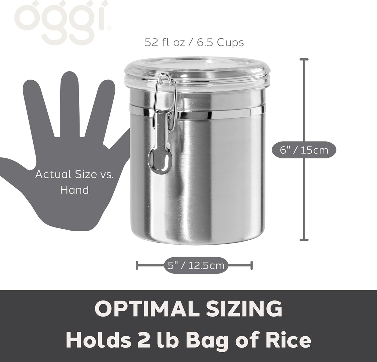 Oggi Stainless Steel Kitchen Canister 62 fl oz - Airtight Clamp Lid, Clear See-Thru Top - Ideal for Kitchen Storage, Food Storage, Pantry Storage. Large Size 5" x 7.5".