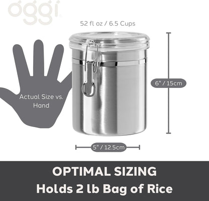 Oggi Stainless Steel Kitchen Canister 62 fl oz - Airtight Clamp Lid, Clear See-Thru Top - Ideal for Kitchen Storage, Food Storage, Pantry Storage. Large Size 5" x 7.5".