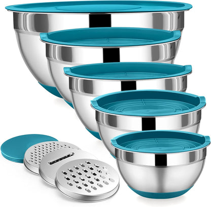 P&P CHEF Mixing Bowl with Lid Set, 5 Piece Stainless Steel Mixing Nesting Bowls for Salad Storage, 3 Grater Attachments & Non-Slip Bottoms, Size 1/1.5/2 / 2.6/4.6 QT, Black