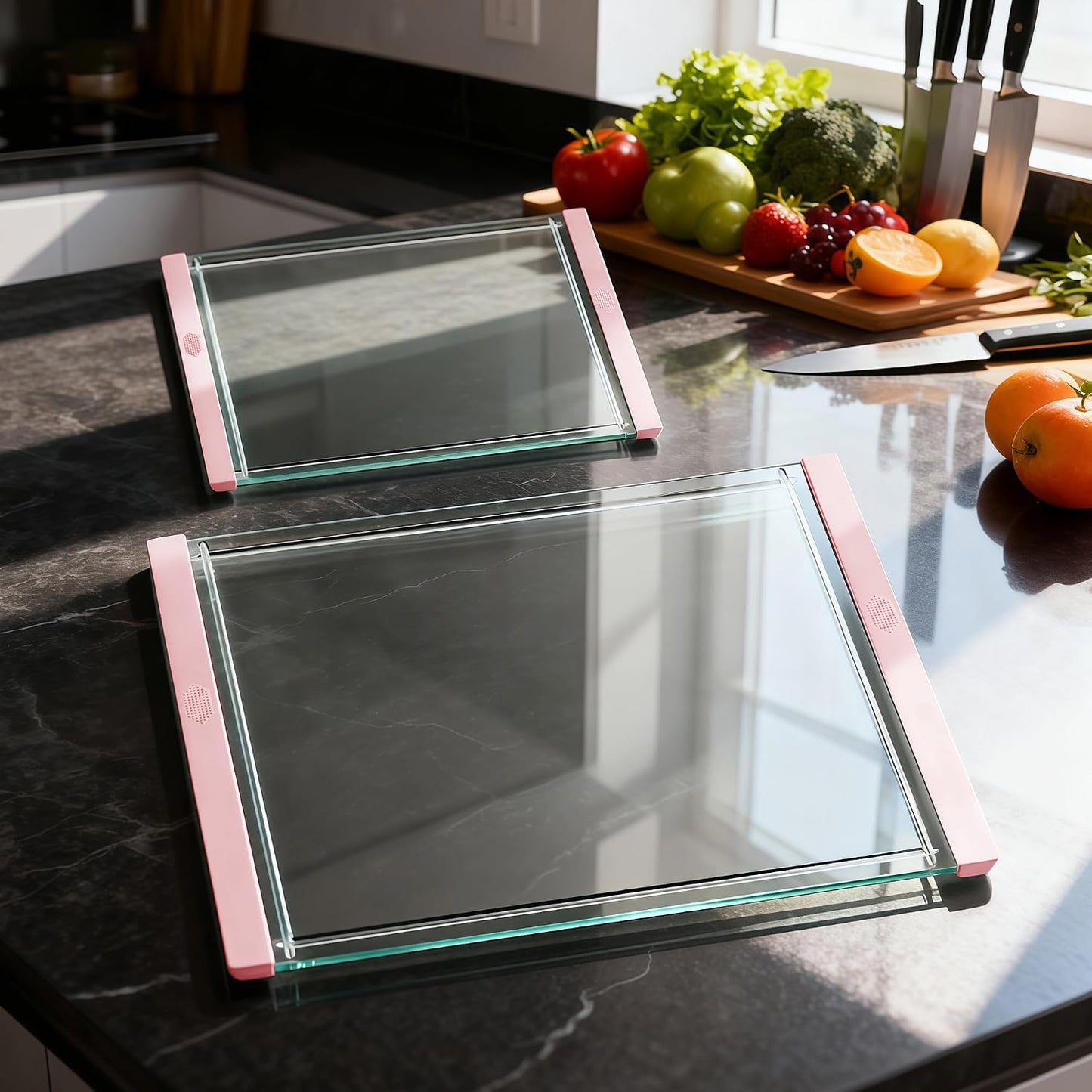 Tempered Glass Cutting Board Set for Kitchen Counter - Dishwasher Safe with Juice Grooves, Non-Slip Silicone Edges & Beveled Grip - 16"x12" & 12"x8" Serving Tray (Blue)