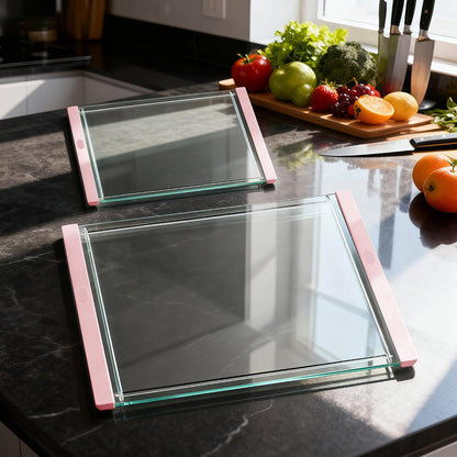 Tempered Glass Cutting Board Set for Kitchen Counter - Dishwasher Safe with Juice Grooves, Non-Slip Silicone Edges & Beveled Grip - 16"x12" & 12"x8" Serving Tray (Blue)