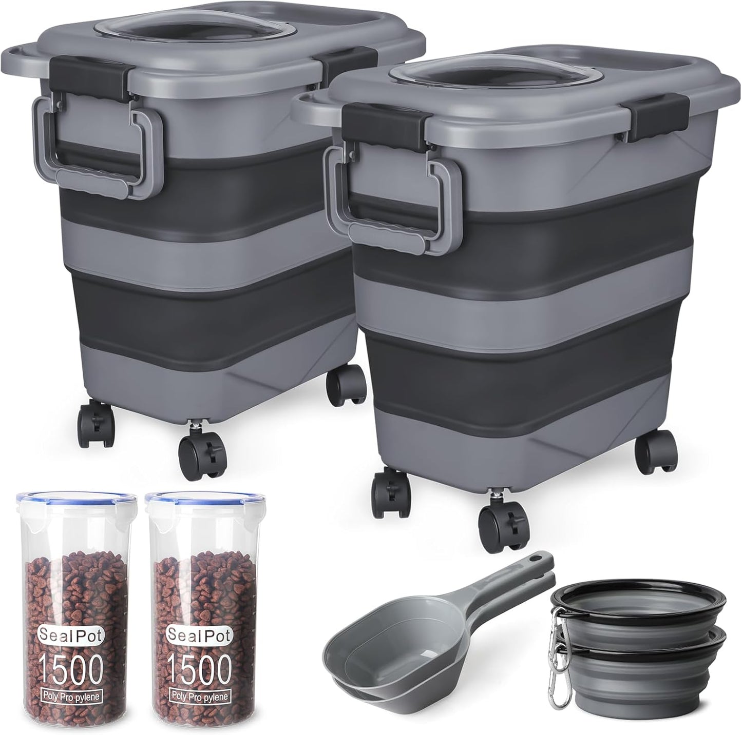 Dog Food Storage Container，10-25 lbs Airtight Collapsible Cat Food Storage Container with Attachable Wheels, Portable Handle, Dog Food Scoop for Dog Cat Bird Pet Dry Food Storage Bin Light Grey