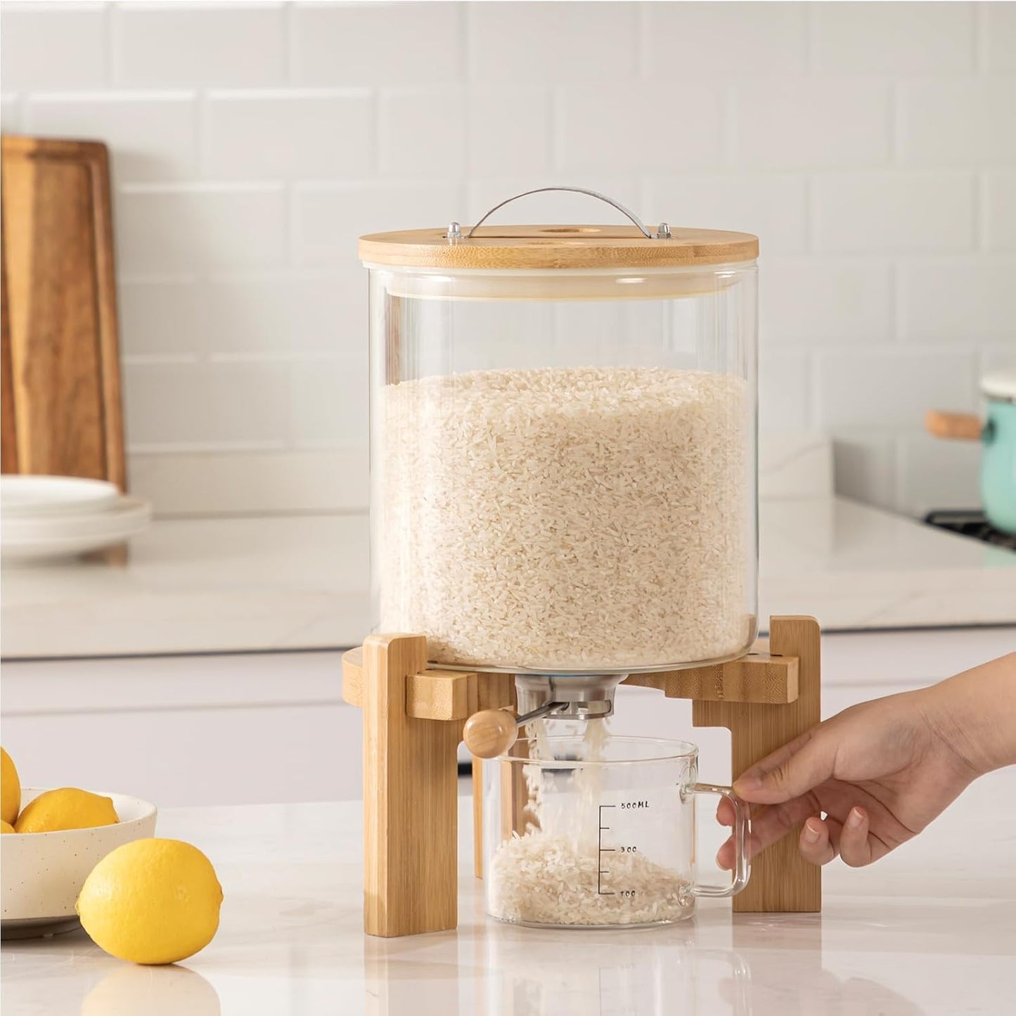 HBlife 5-7 Lbs Glass Rice Dispenser with Wooden Stand Flour and Cereal Container with Glass Measuring Cup Pantry Food Organization Storage Bin with Airtight Bamboo Lid, 3L