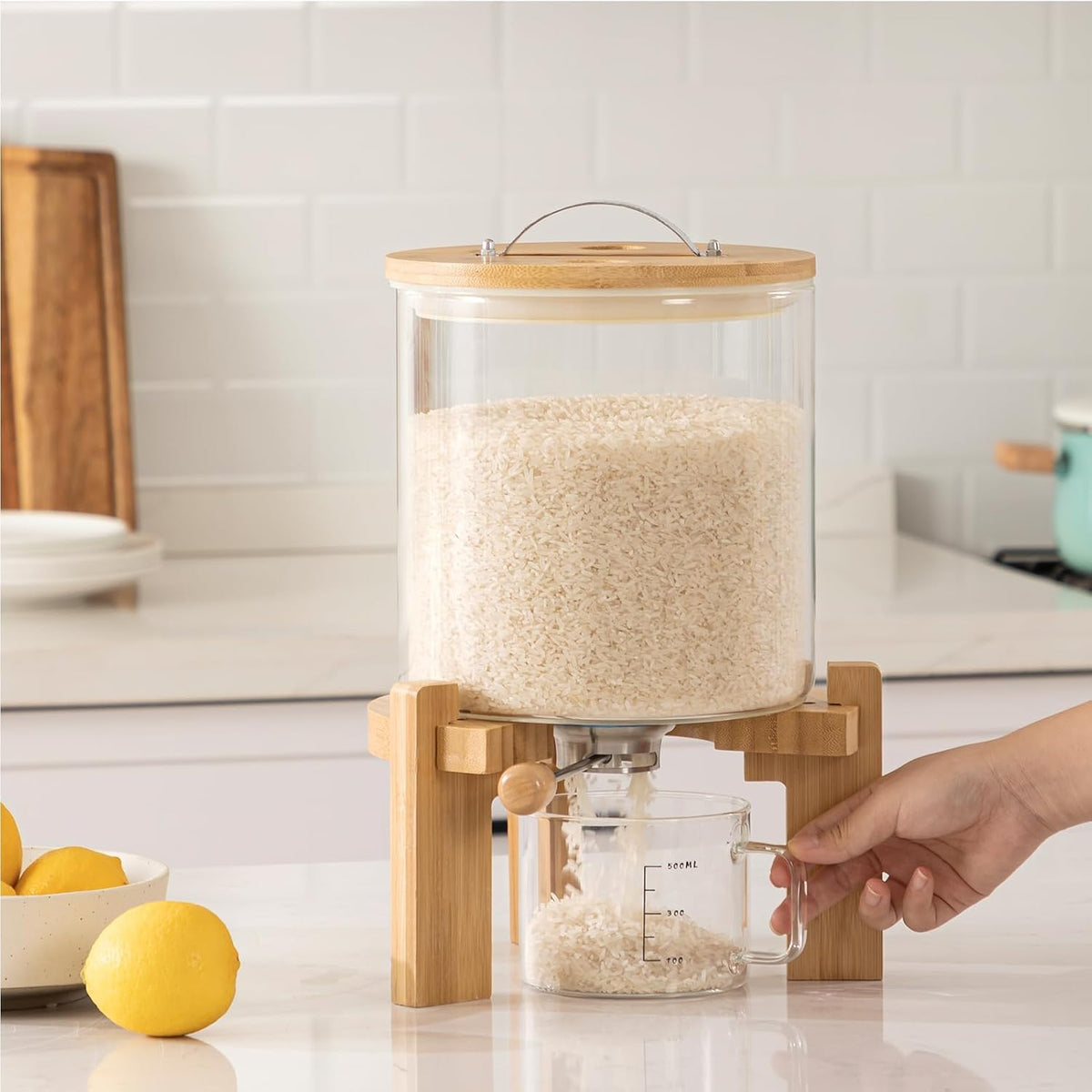 HBlife 5-7 Lbs Glass Rice Dispenser with Wooden Stand Flour and Cereal Container with Glass Measuring Cup Pantry Food Organization Storage Bin with Airtight Bamboo Lid, 3L