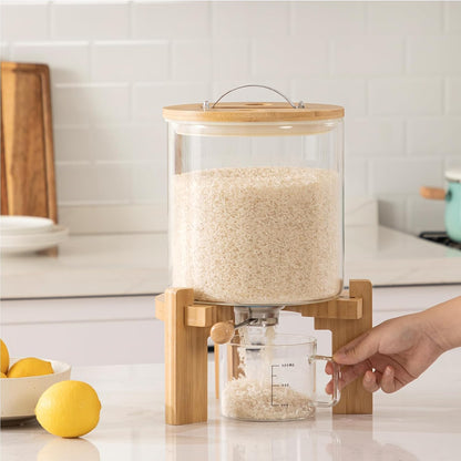 HBlife 5-7 Lbs Glass Rice Dispenser with Wooden Stand Flour and Cereal Container with Glass Measuring Cup Pantry Food Organization Storage Bin with Airtight Bamboo Lid, 3L