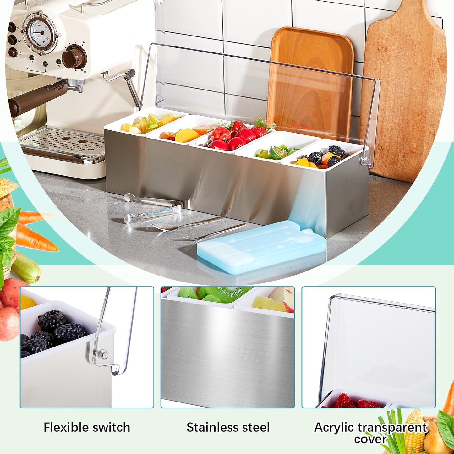 Mifoci 1 Pack Stainless Steel Chilled Condiment Server 6 Removable Slot Toppings Containers with Lid and Bottom Ice Bar Garnish Tray with 9 Silverwares 4 Ice Boxes for Christmas Party, Events and Bar