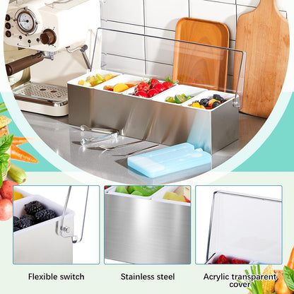 Mifoci 1 Pack Stainless Steel Chilled Condiment Server 6 Removable Slot Toppings Containers with Lid and Bottom Ice Bar Garnish Tray with 9 Silverwares 4 Ice Boxes for Christmas Party, Events and Bar