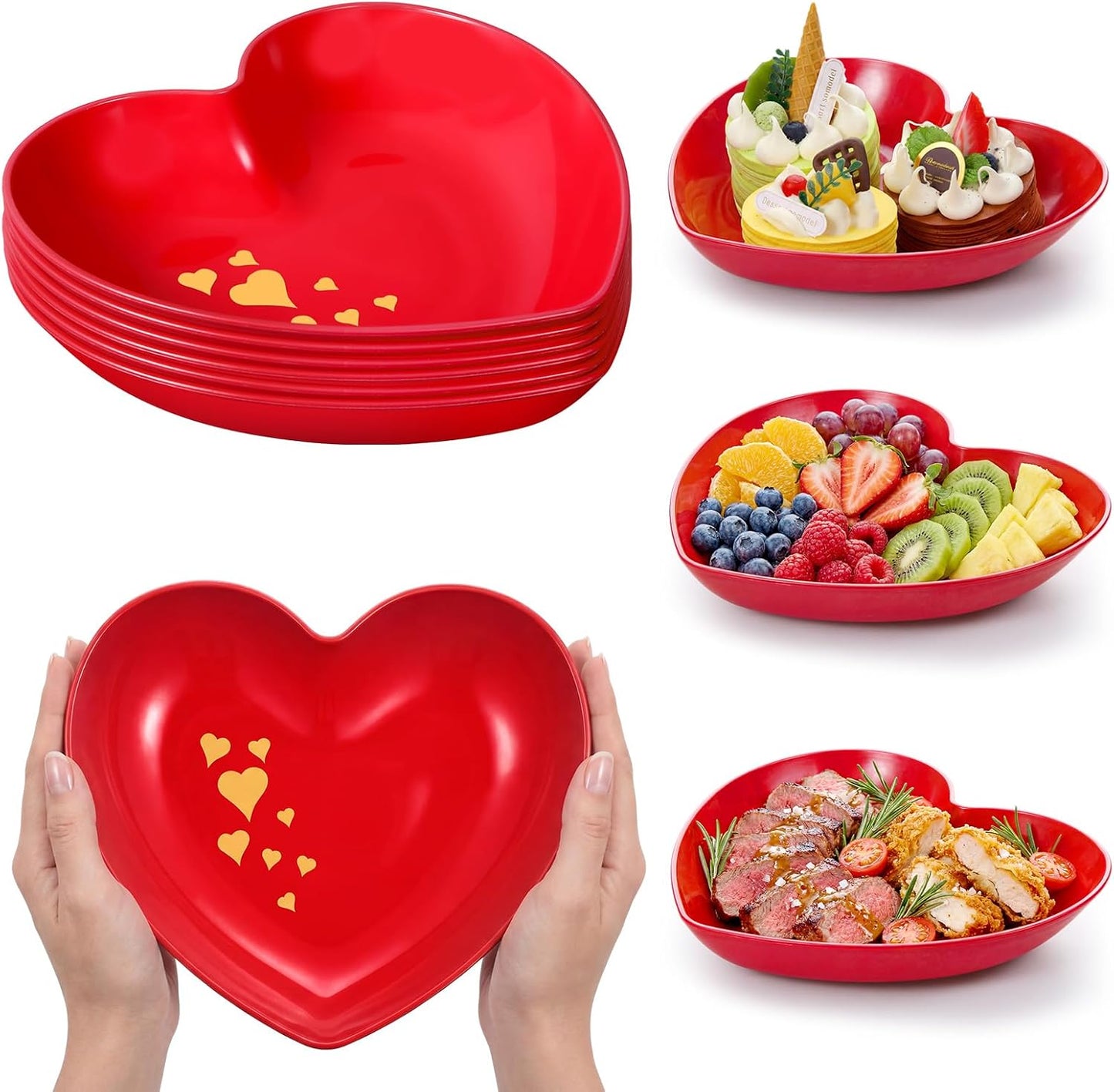 Reallnaive 6 Pcs 8.7 Inch Valentines Day Heart Shaped Plates Dessert Bowls Appetizer Plates Salad Bowls for Gift Valentine's Day Anniversary Party Supplies
