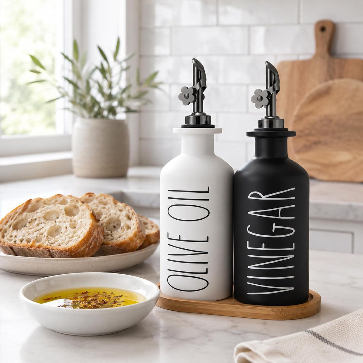 HOMCDALY Premium Olive Oil Dispenser for Kitchen, 11.8oz Glass Oil Bottles with Bamboo Tray, White Oil&Vinegar Cruet Set, Kitchen Dispenser Bottles with Pourer| Set of 2 (11.8oz –P–White)