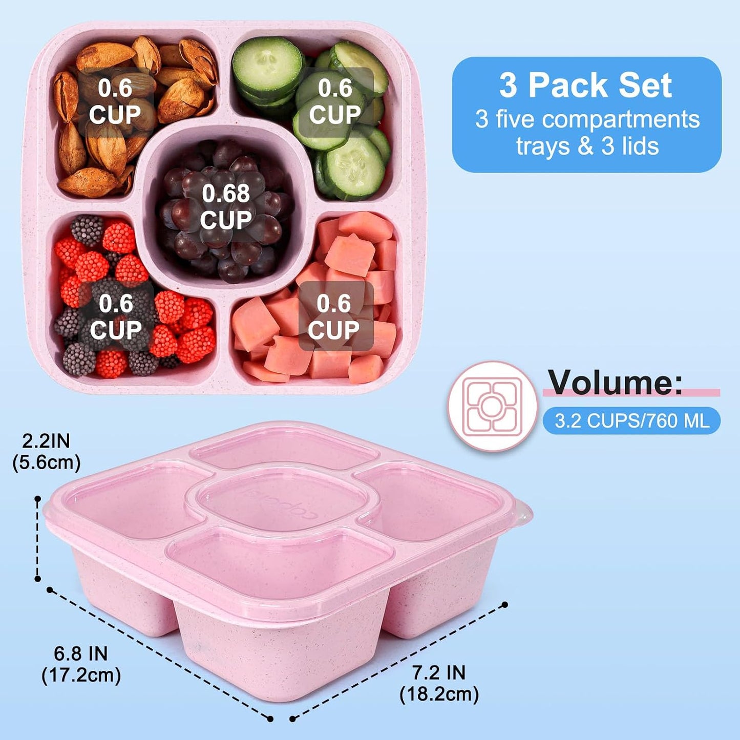 Caperci 5-Pack Lunchable Container Set for Kids & Adults - Reusable Bento Snack Box Containers with 5-Compartment for Food Storage & Meal Prep, Wheat Straw, BPA-Free (Dark & Clear Lids)