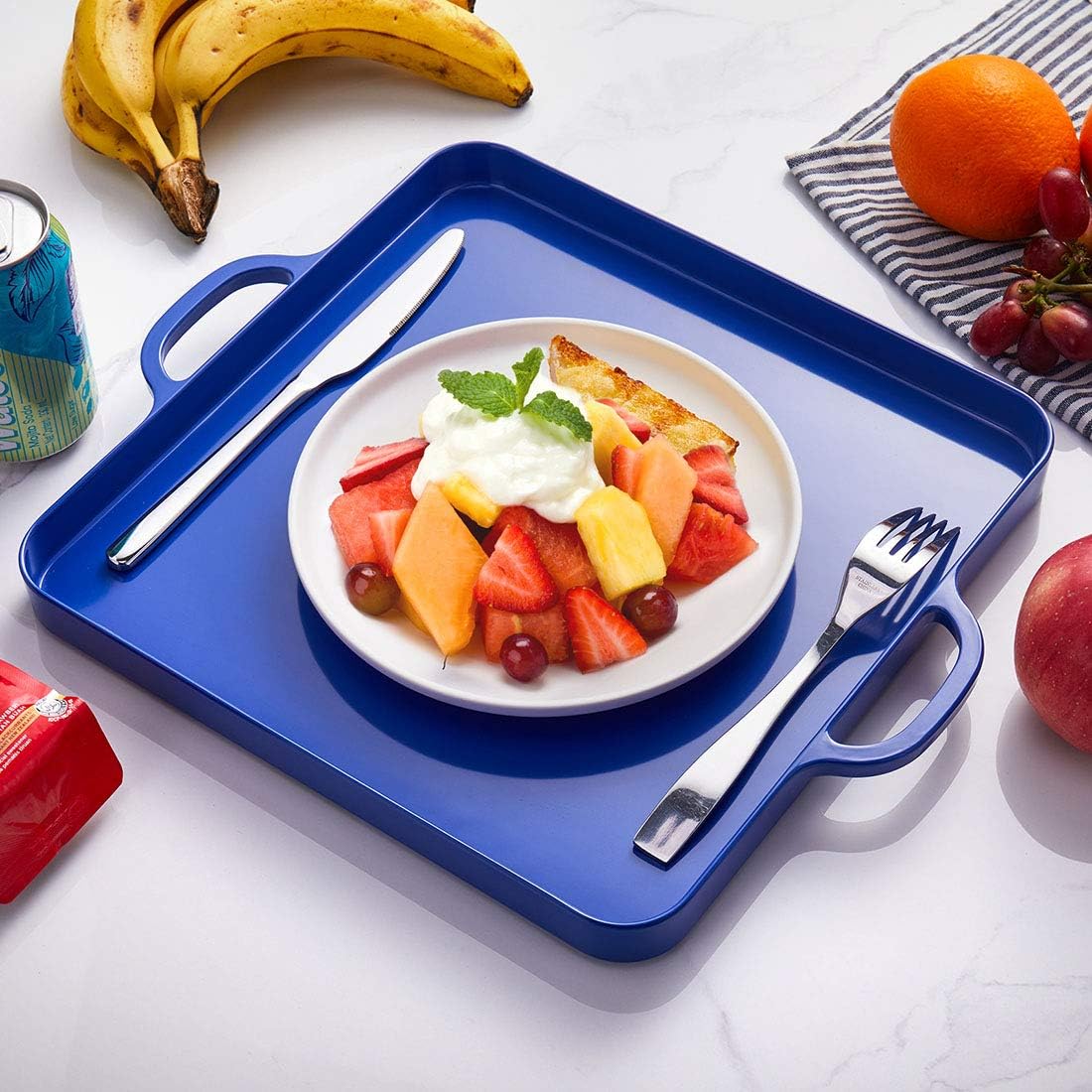 i BKGOO Foodservice Red Plastic Tray with Handle Set of 2 Large Melamine Cube Serving Platters for Parties, Table, Kitchen Size(12.5"x12.5"x1")