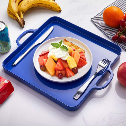 i BKGOO Foodservice Red Plastic Tray with Handle Set of 2 Large Melamine Cube Serving Platters for Parties, Table, Kitchen Size(12.5"x12.5"x1")