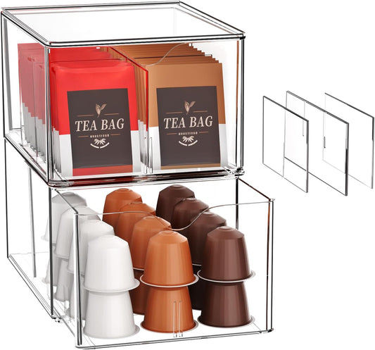 4 Pack Clear Tea Bag Organizers with Adjustable Dividers, Stackable Tea Drawer Organizer Box for Pantry, Coffee Bar, Kitchen Cabinet, Acrylic Food Storage Bins for Snacks, Sugar & Spice Packets