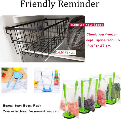 Freezer Organizer Bins, Deep Chest Freezer Baskets Stackable 4 Pack - Wire Metal Bins with Folding Handles, 30LBS Capacity, 14.6"×7.1"×4.9", Includes Baggy Rack - ARTAWEIN