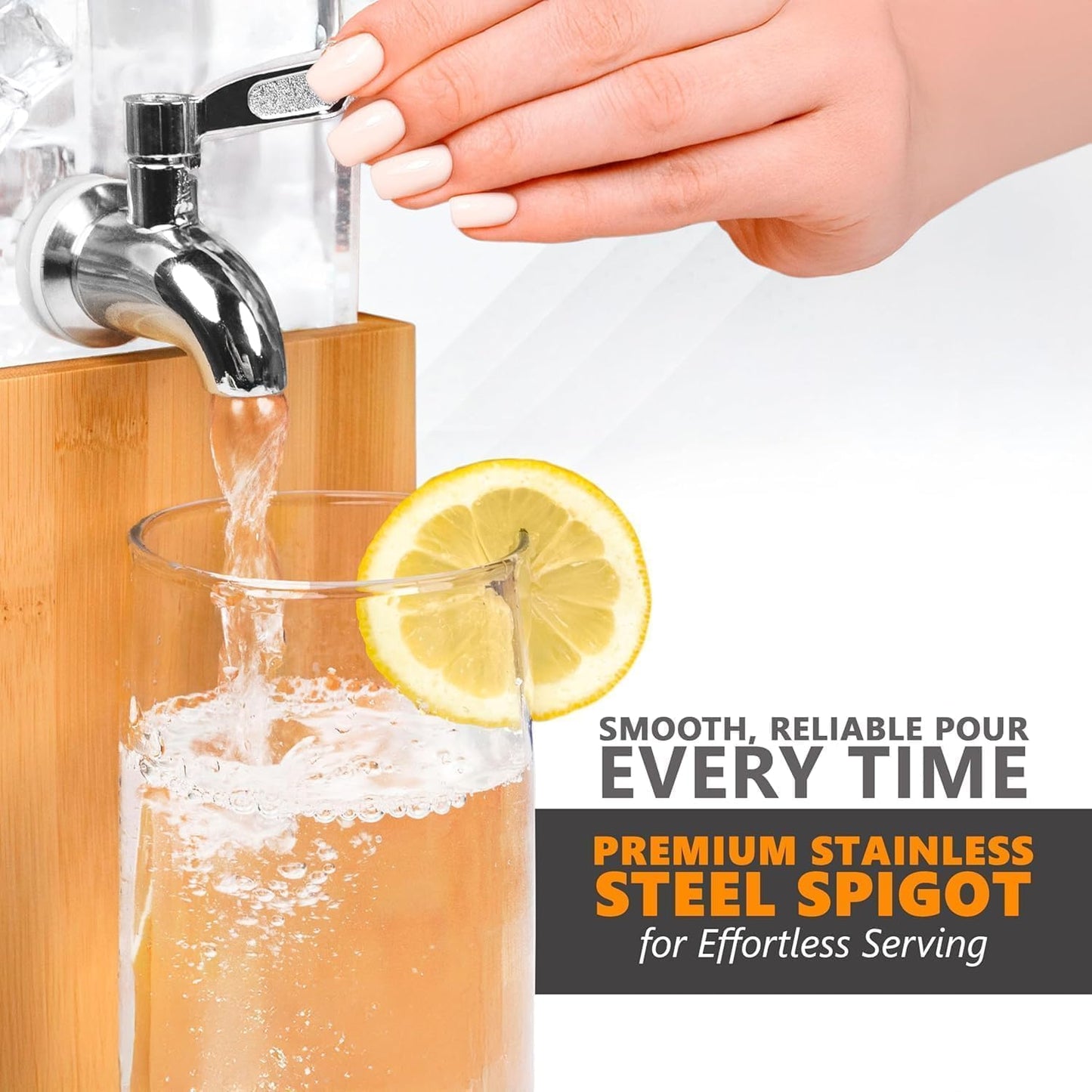 KSESTOR Acrylic Drink Dispenser - 1.25 Gal with Stand and Ice Core | BPA-Free Acrylic Beverage and Juice Dispenser with Bamboo Stand, Ice Core, and Steel Spigot for Parties, Weddings and Events
