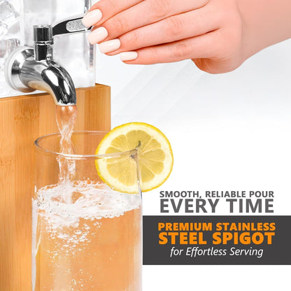 KSESTOR Acrylic Drink Dispenser - 1.25 Gal with Stand and Ice Core | BPA-Free Acrylic Beverage and Juice Dispenser with Bamboo Stand, Ice Core, and Steel Spigot for Parties, Weddings and Events