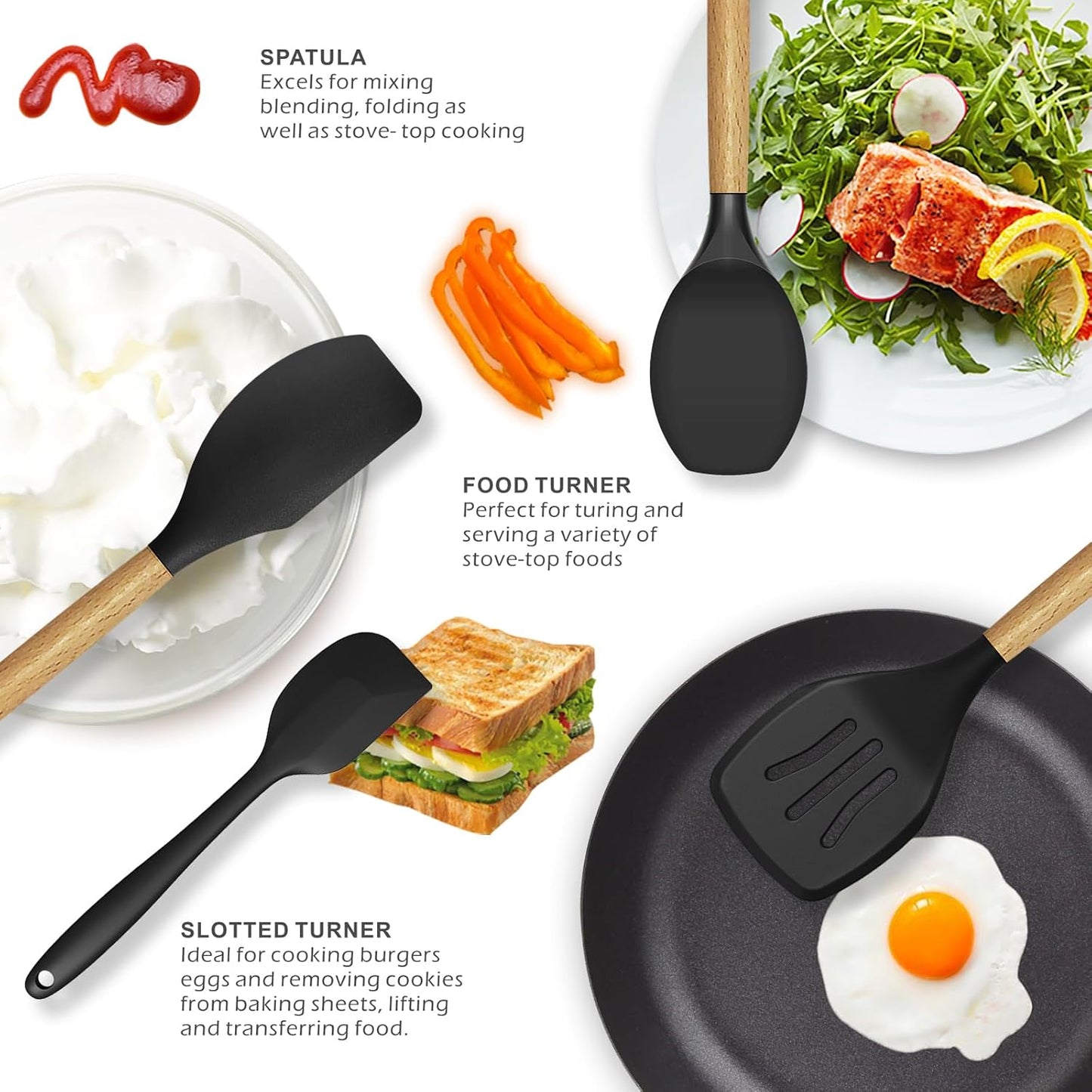 oannao Silicone Cooking Utensils Set - 446°F Heat Resistant Silicone Kitchen Utensils for Cooking,Kitchen Utensil Spatula Set w Wooden Handles, BPA FREE Gadgets for Non-Stick Cookware (Khaki)