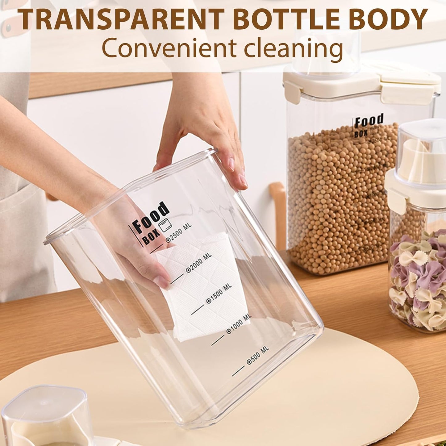 2800ml sealed food storage container with dumping outlet and handle, 2 transparent plastic kitchen grain distributors, suitable for grains, snacks, beans and flour.