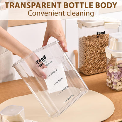 2800ml sealed food storage container with dumping outlet and handle, 2 transparent plastic kitchen grain distributors, suitable for grains, snacks, beans and flour.