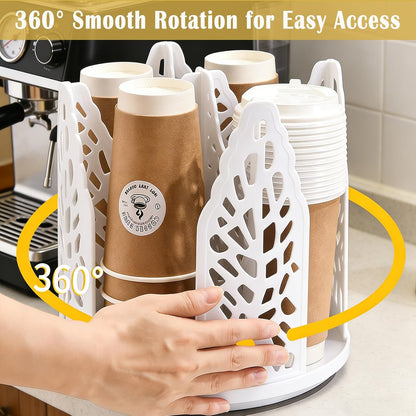 Rotating Coffee Cup Holder, Cup Dispenser with 4 Compartments, Plastic Cups Lid Organizer for Countertop, Coffee Station, Home, Office (white)