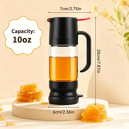 Honey Dispenser No Drip, Glass Honey Dispenser with Stand, 10oz Borosilicate Mess-Free Honey Jar with Ergonomic Handle, Precision Pouring Container for Honey, Maple Syrup, Chocolate Syrup (Black)