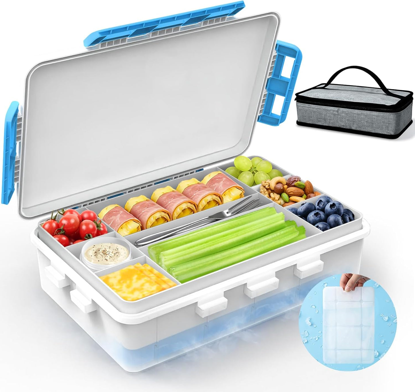 Chilled Snack Box Container with Ice Pack, Portable Travel Food Containers with Lids, Keep Cheese and Fruits Remained Fresh for Hours, Divided Serving Tray for Family Road Trip Beach Picnic(White)