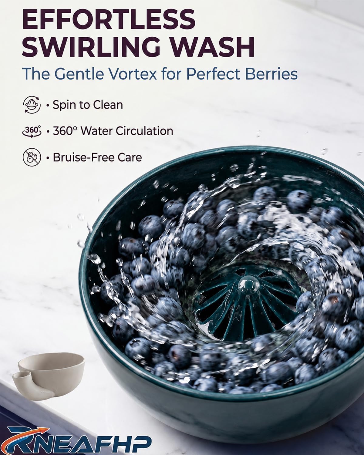 The Original Artisan Swirling Berry Bowl – Hand-Thrown, Functional Ceramic Art Self Washer Spinning Vortex Berry Washing Bowls Fruit Basket Automatic Quick Rotating Cleaning with Drain Holes