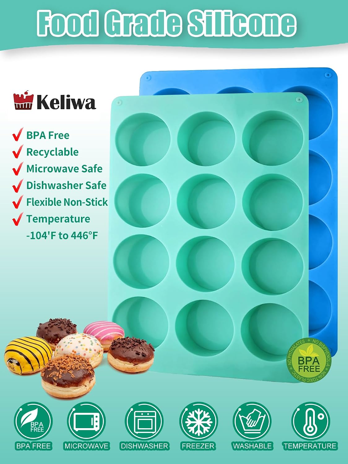 Reusable Non-Stick Silicone Baking Cups, Food Grade BPA Free Cupcake Muffin Liners, Oven & Dishwasher Safe Easy Release, Multicolor Rainbow, 24 Pack, for Muffins Cupcakes