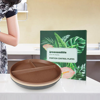 greenandlife 9 Inch 4PCS Portion Control Plates with Lids, Divided Plates for Kids Adults, Dishwasher Microwave Safe Compartment Plate, Unbreakable Lightweight Reusable Wheat Straw Plate, Earth Tone