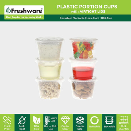 Freshware Plastic Portion Cups with Lids [2 Ounce, 200 Sets] Disposable Plastic Cups for Meal Prep, Salad Dressing, Jellos Shot Cups, Souffle Cups, Condiment and Dipping Sauce Cups