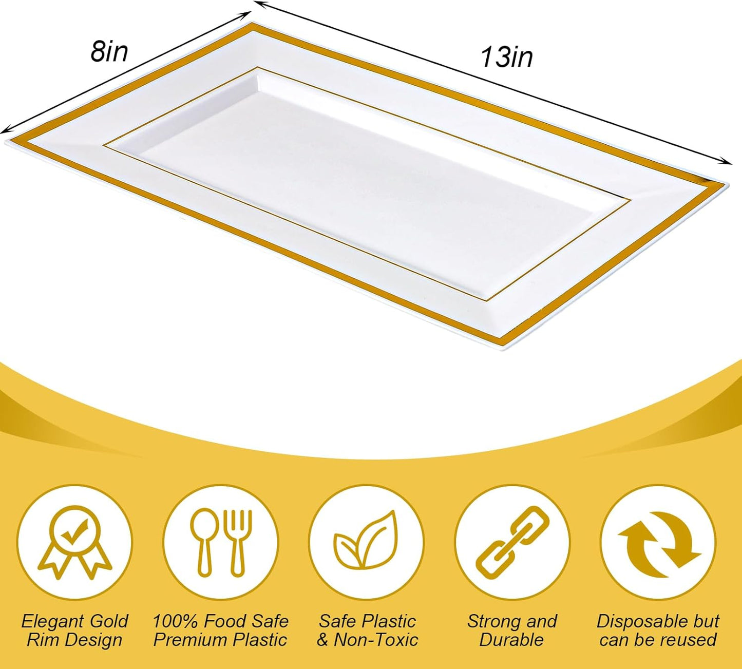 Uiifan 30 Pcs Plastic Serving Tray Bulk White Gold Rim Elegant Rectangle Disposable Plastic Dessert Table Display Set Serving Trays Platter for Weddings Birthday Party Food Fruit Dessert 8 x 13 Inch