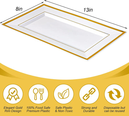 Uiifan 30 Pcs Plastic Serving Tray Bulk White Gold Rim Elegant Rectangle Disposable Plastic Dessert Table Display Set Serving Trays Platter for Weddings Birthday Party Food Fruit Dessert 8 x 13 Inch