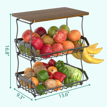 XYZLVSI 3 Tier Countertop Fruit Basket Bread Bowl with Wooden Top for Kitchen, Stackable Vegetable Potato Onion Storage Wire Basket with Banana Hangers, Black
