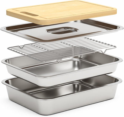 5pcs Grill Prep Trays Sets, Stainless Steel Grilling Prep and Serve Tray, Marinade Container with Lid, Thawing Board, Cutting Board, BBQ Grill Accessories, Grilling Gifts for Mens