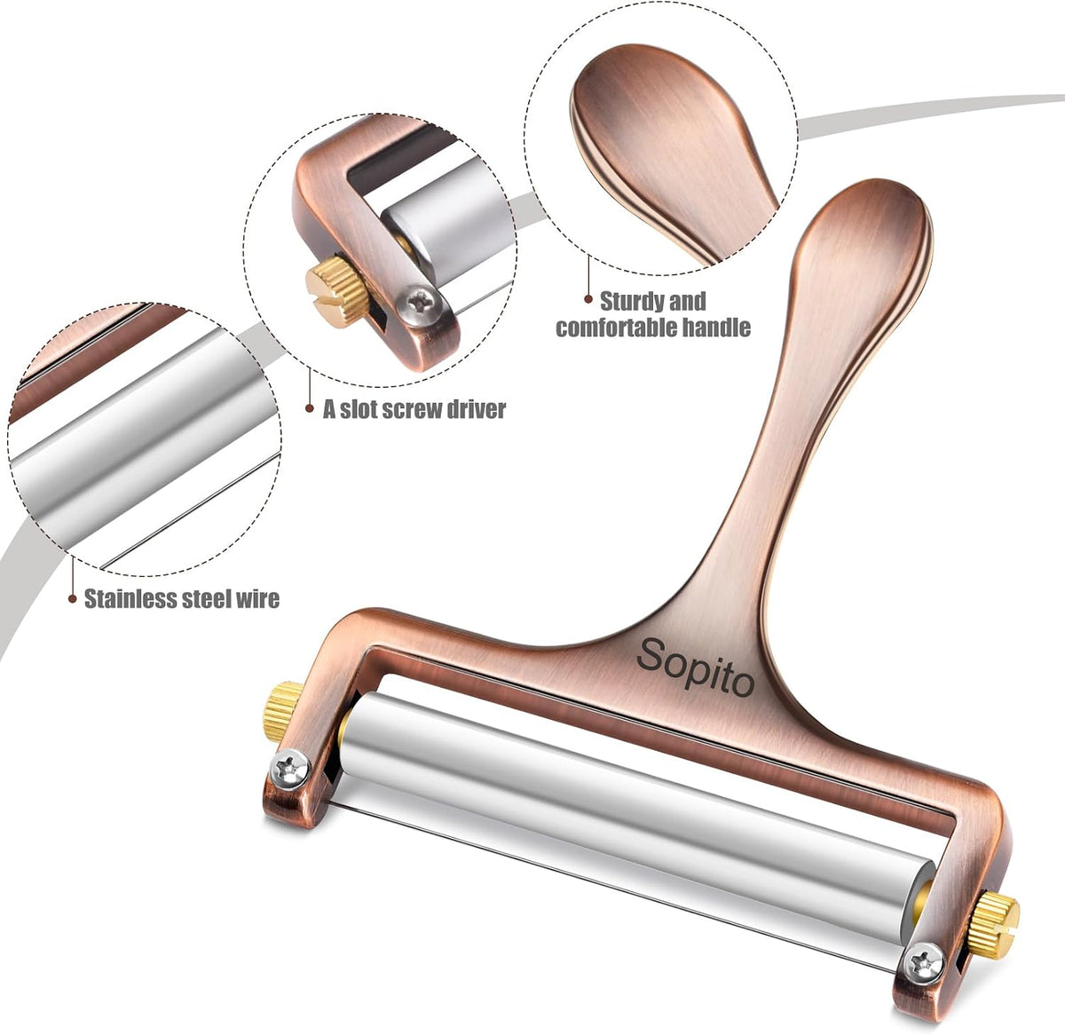 Sopito Cheese Slicer with 3 Extra Stainless Steel Wires, Silver