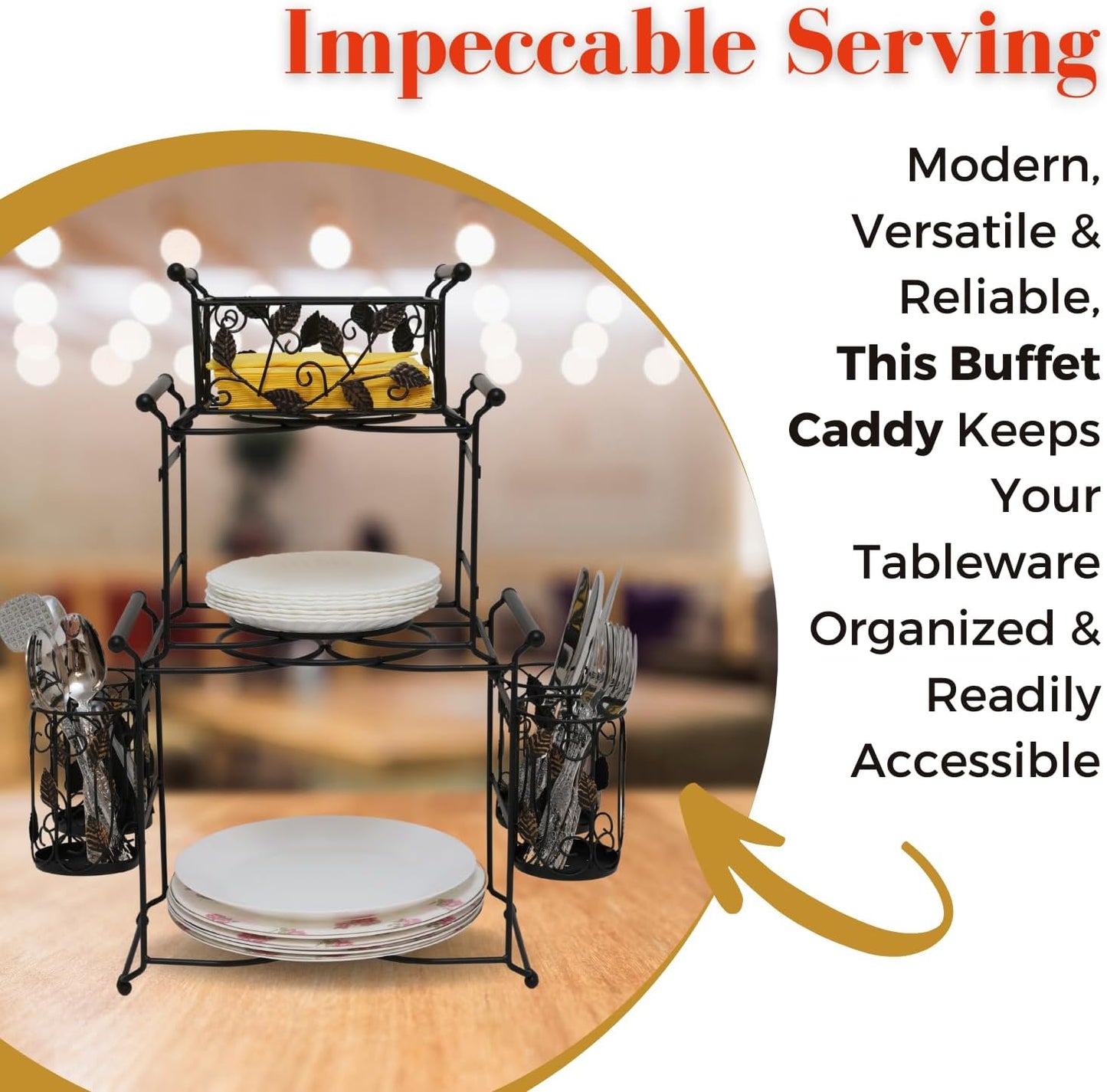 Chaffing Dish Buffet Set – 3-Tier Chaffee Buffet Set with Plate, Napkin and Silverware Holder – Buffet Caddy Plate Holder Organizer for Kitchen, Dining, Entertainment – Tiered Organizer