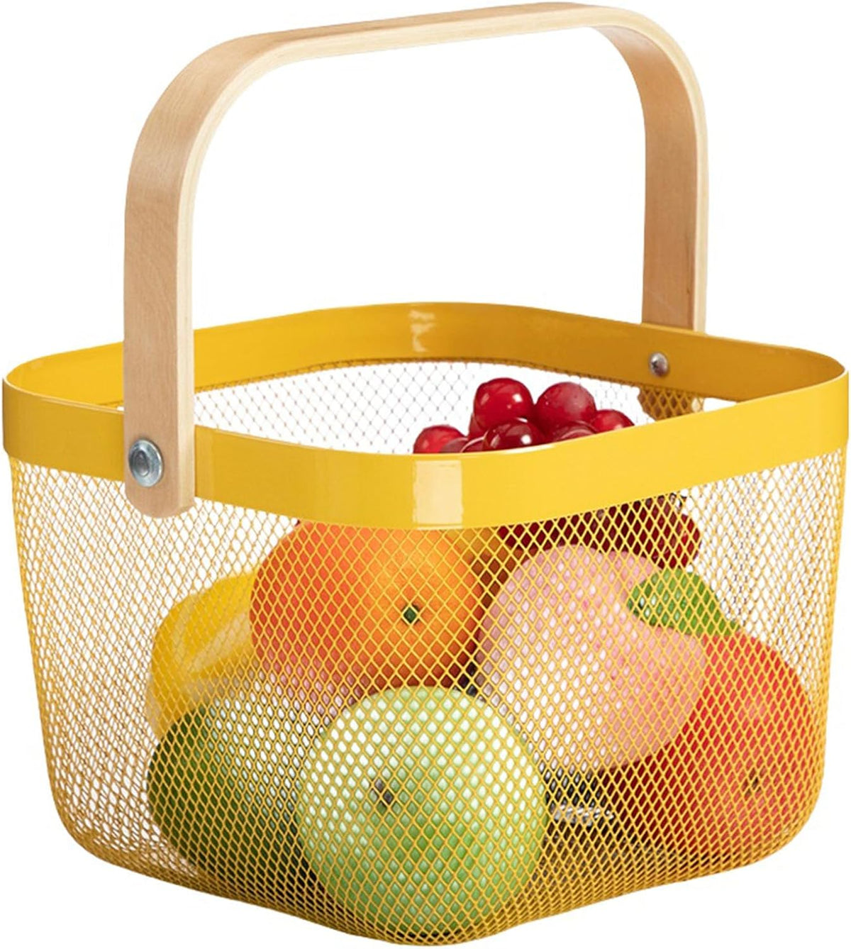 AJIODA Metal Mesh Steel Basket, Storage Organizer Basket Multi-functional Hanging Kitchen Baskets Fruit Basket Bin with Bamboo Handle for Kitchen Bathroom Picnic Shopping Decor Cabinet Home, Blue
