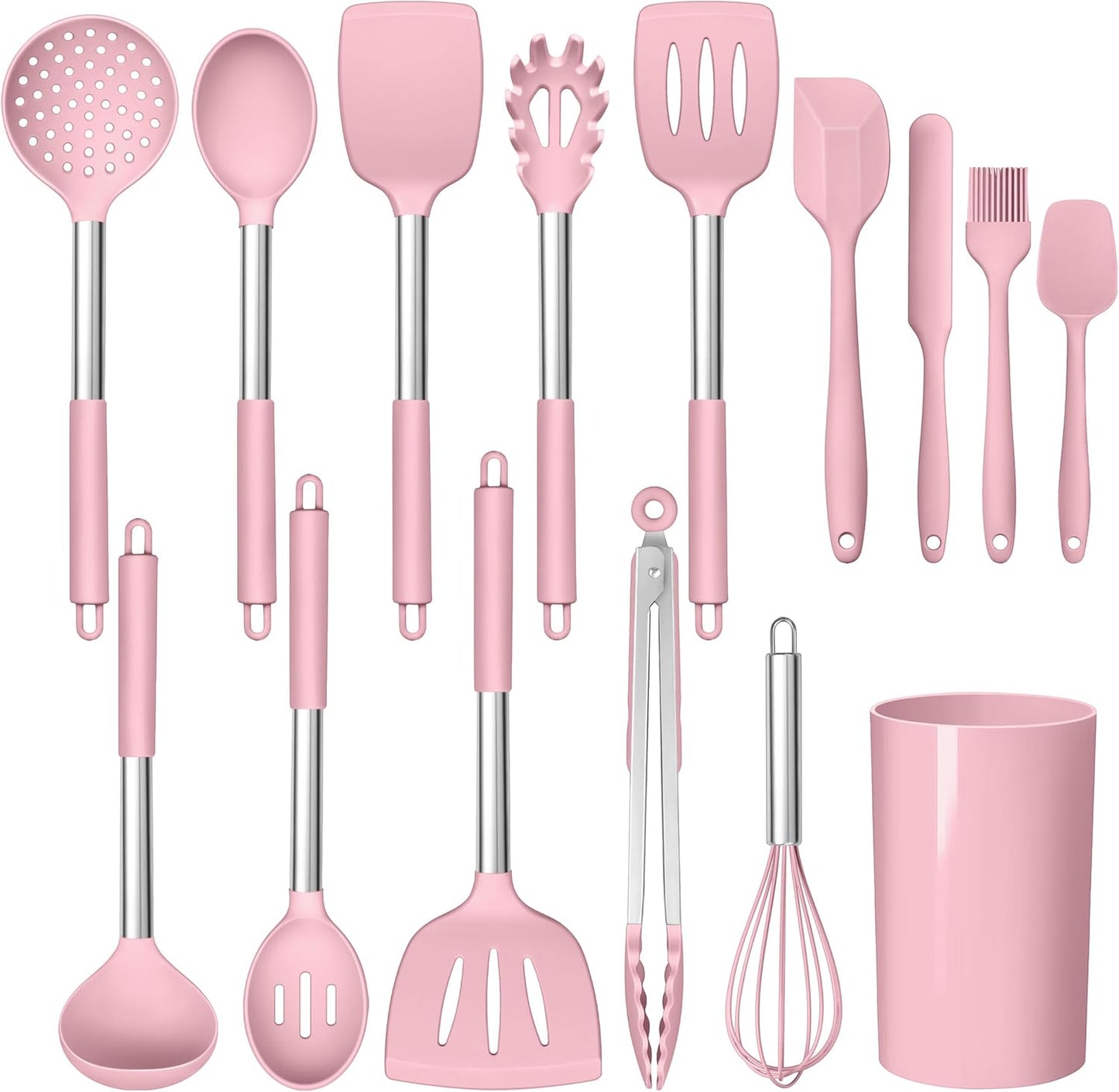 LIANYU 15 Pcs Kitchen Cooking Utensils Set with Holder, Silicone Kitchen Tools with Stainless Steel Handle, Heat Resistant Gadgets, Brush Spatula Spoon Whisk for Cookware, Dishwasher Safe, Khaki