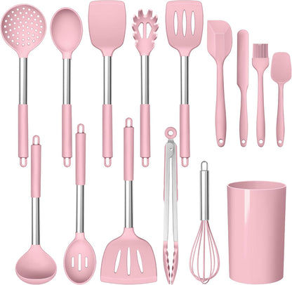 LIANYU 15 Pcs Kitchen Cooking Utensils Set with Holder, Silicone Kitchen Tools with Stainless Steel Handle, Heat Resistant Gadgets, Brush Spatula Spoon Whisk for Cookware, Dishwasher Safe, Khaki