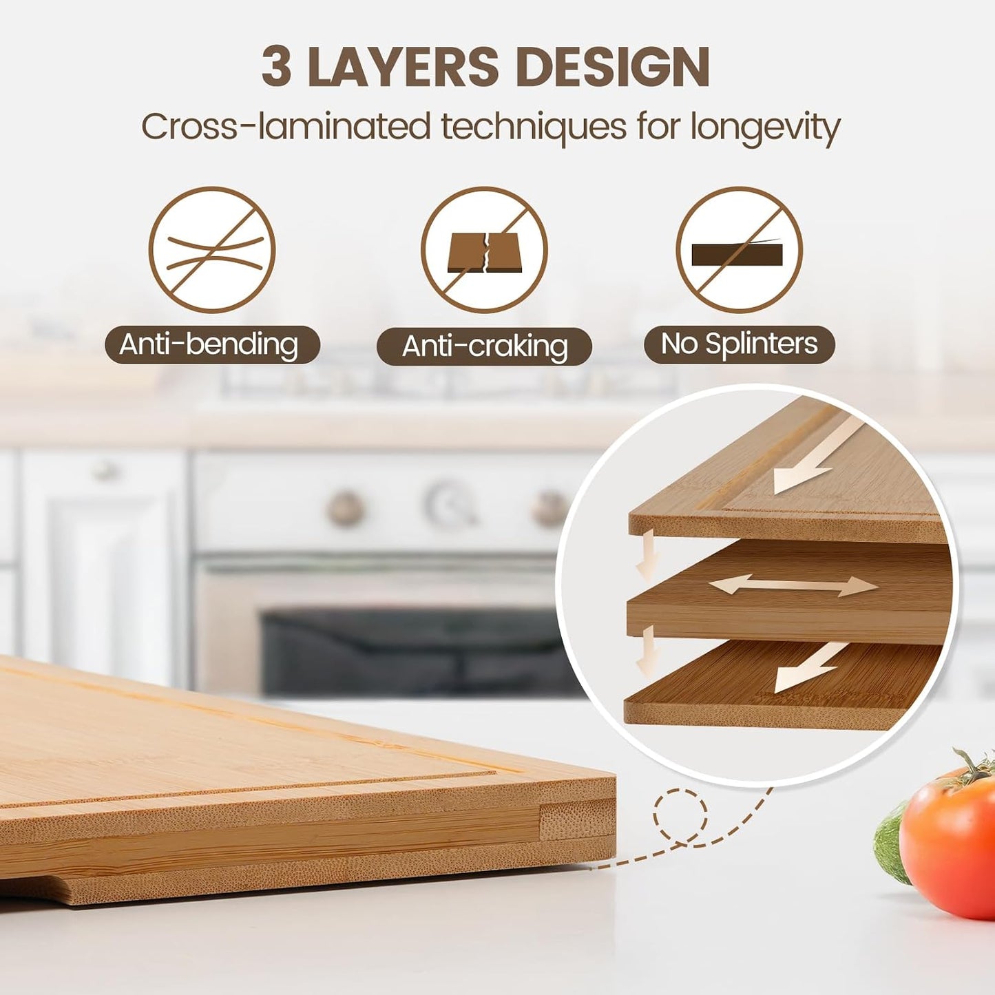 Kikcoin Bamboo Cutting Boards for Kitchen Set of 3, Extra Large Wood Cutting Board with Rotating Kickstand & Juice Groove, Wooden Chopping Board for Meats Veges Fruits, Heavy Duty Serving Tray