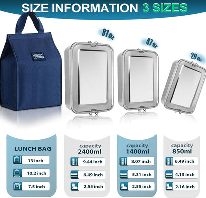 Stainless Steel Lunch Container 2 Pack 304 stainless Steel Bento Box Kids Adult(29oz/19oz),Leak Proof Stainless Steel Snack Containers With 1 Compartment and Lunch Bag