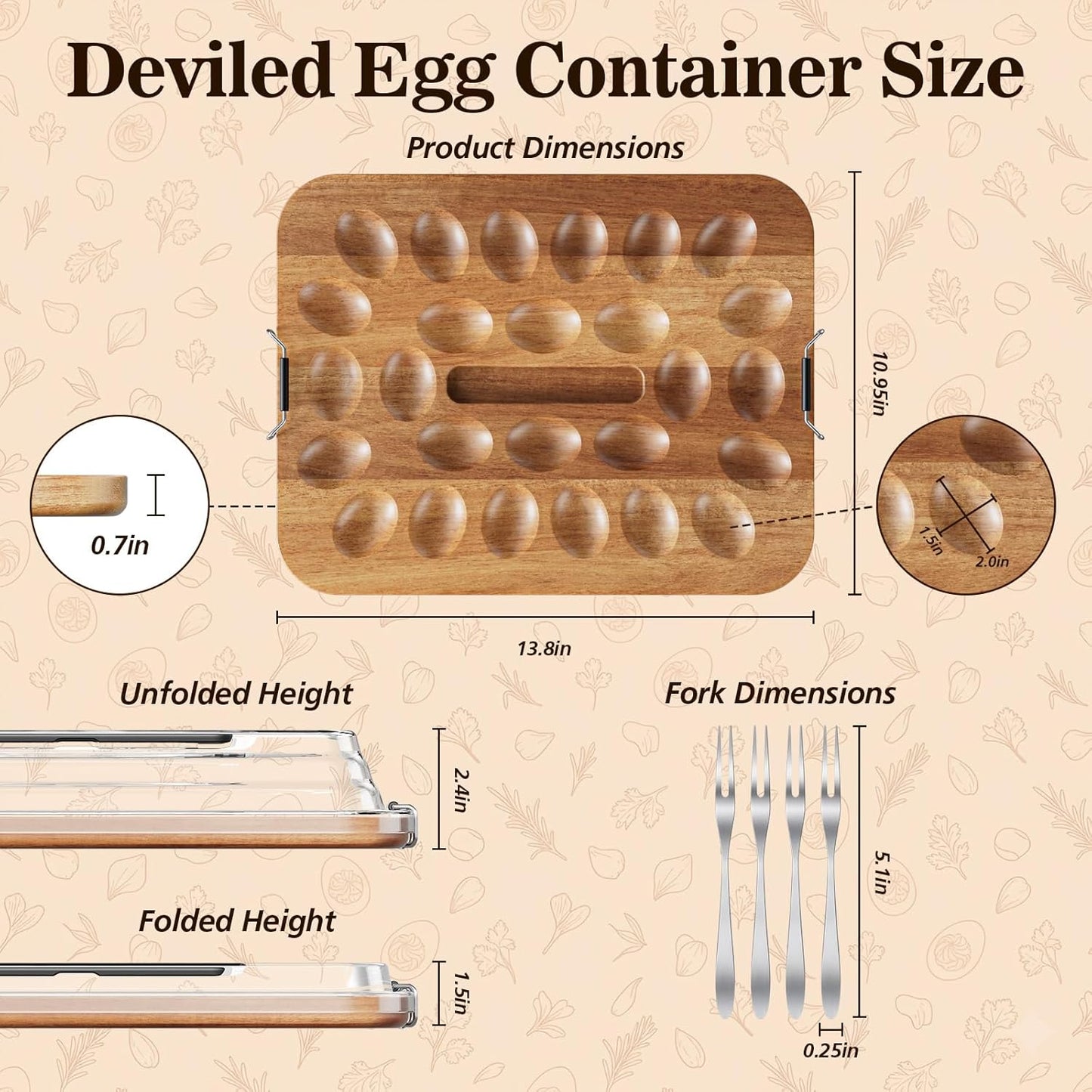 Deviled Egg Containers with Lid, Acacia Wood Deviled Egg Platter Tray for 26 Eggs, Fold-Down Clear BPA-Free Cover Stores Flat, Portable Handle, Secure Latch, 4 Stainless Steel Forks (Black)