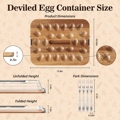 Deviled Egg Containers with Lid, Acacia Wood Deviled Egg Platter Tray for 26 Eggs, Fold-Down Clear BPA-Free Cover Stores Flat, Portable Handle, Secure Latch, 4 Stainless Steel Forks (Black)