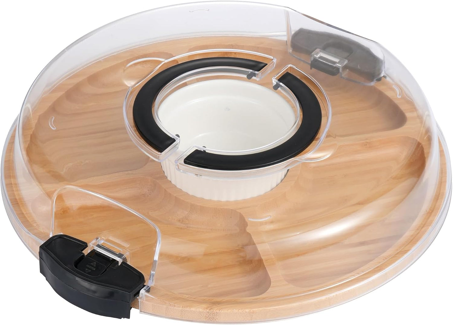 YANG Charcuterie Board with Lid, Divided Bamboo Serving Tray with Handle & Locking Lid, Portable Serving Platter for Party Outdoor Picnics Camping Gift Ready (6 Compartments,Round)