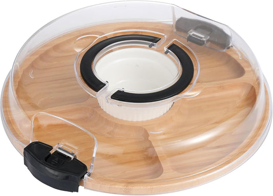 YANG Charcuterie Board with Lid, Divided Bamboo Serving Tray with Handle & Locking Lid, Portable Serving Platter for Party Outdoor Picnics Camping Gift Ready (6 Compartments,Round)