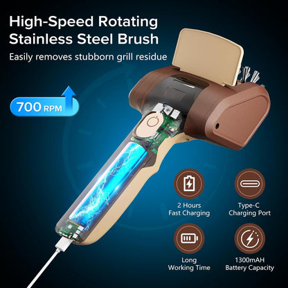 Electric Grill Brush for Outdoor Grill, Cordless Electric BBQ Grill Cleaner, Rechargeable Grill Cleaning Stainless Steel Brush, Grill Scraper, BBQ Accessories Brown