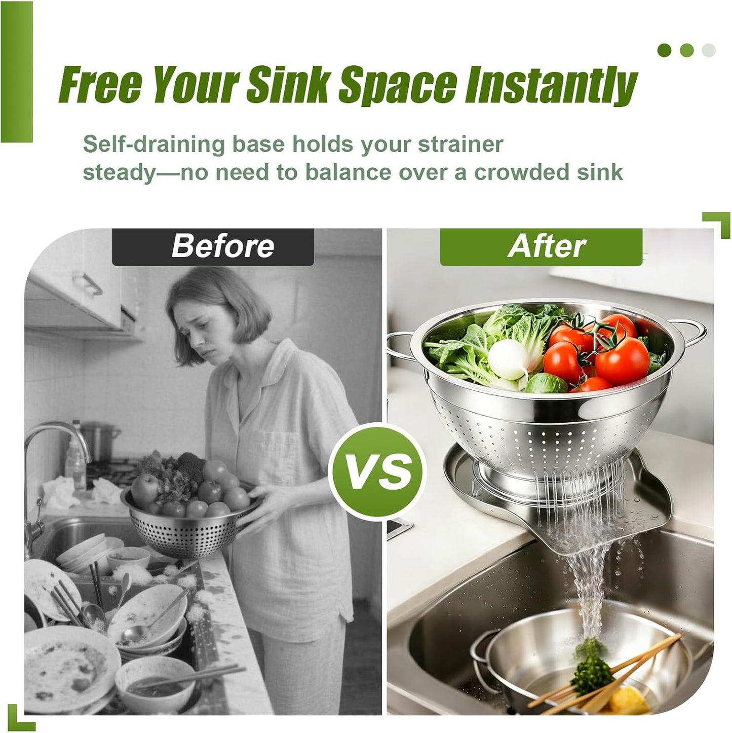 Palksky Stainless Steel Colander Set with Self-Draining Base, 3 Sizes Colanders & Food Strainers for Pasta, Rice, Fruits & Veggies, Metal Colander with Draining Plate for Sink or Countertop