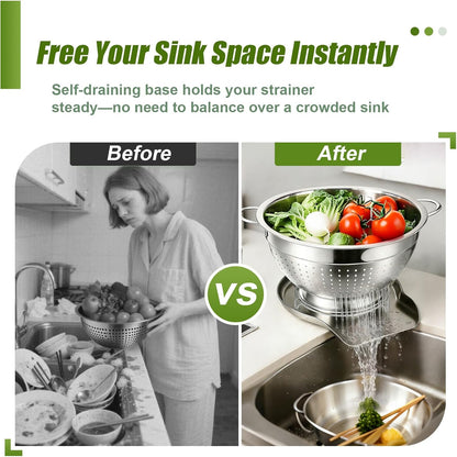 Palksky Stainless Steel Colander Set with Self-Draining Base, 3 Sizes Colanders & Food Strainers for Pasta, Rice, Fruits & Veggies, Metal Colander with Draining Plate for Sink or Countertop
